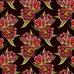 Red flowers tulips with green leaves seamless pattern. Watercolor illustration, realistic style for invitations certificates, printing on cosmetics packaging, perfumes, typography, birthday, wedding.