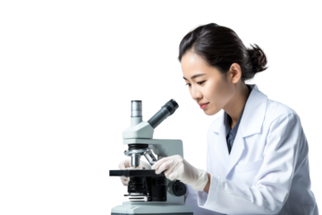 PNG Female asian young scientist examining slides under microscope