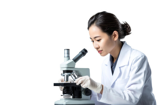 PNG Female asian young scientist examining slides under microscope