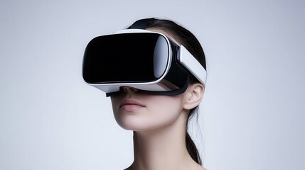 Fototapeta premium A woman wearing a virtual reality headset explores immersive digital experiences against a plain background.