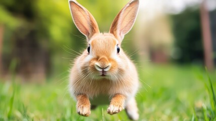 Fototapeta premium International rabbit day with playful pet idea. Rabbit jumping in lush green grass outdoors.
