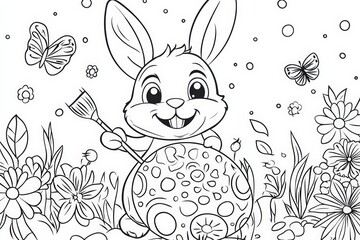 Cute Easter bunny holding a paintbrush while decorating a large patterned egg, surrounded by flowers and butterflies in a black and white springtime coloring page illustration.