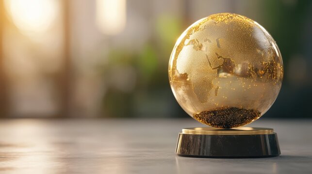 A golden globe trophy sits on a smooth surface, shimmering in sunlight with a blurred natural background.