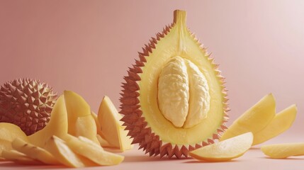 Obraz premium Durian fruit cut open with soft rich yellow pulp inside isolated on white background macro detail tropical food stock