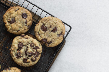 Overhead view of chocolate chip cookies, top view of homemade chocolate chip cookies on a white background
