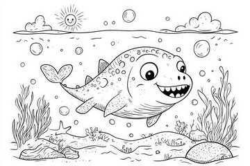 Obraz premium Black and white line art of a smiling baby sea dinosaur swimming underwater surrounded by seaweed, coral, bubbles, and rocks. Fun and educational coloring page for kids.