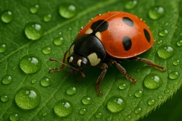 Close-up of a ladybug on a dewy green leaf with water droplets, showcasing nature's fine details and color contrast.








