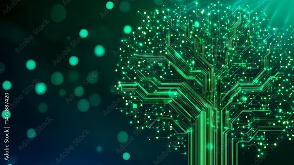Poster abstract green circuit board tree digital technology network art data lines vivid power future desig