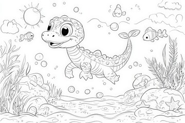 Black and white line art of a smiling baby sea dinosaur swimming underwater surrounded by seaweed, coral, bubbles, and rocks. Fun and educational coloring page for kids.