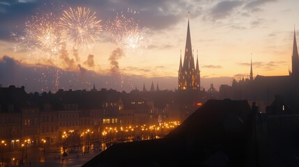 Naklejka premium Fireworks light up the evening sky above a historic cityscape with illuminated streets and a prominent cathedral.