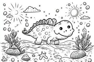 Fototapeta premium Black and white line art of a smiling baby sea dinosaur swimming underwater surrounded by seaweed, coral, bubbles, and rocks. Fun and educational coloring page for kids.