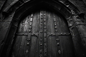 Ancient Archway: Dark, Reinforced Castle Entrance with Wooden and Iron Doors in Medieval Architecture
