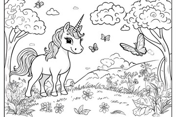 Black and white line art of a happy unicorn standing in a meadow surrounded by flowers, butterflies, mushrooms, and trees. Perfect for kids’ coloring books or magical-themed activities.