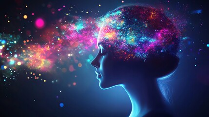 Vibrant colorful abstract woman profile with cosmic energy flowing red art blue pink neon glow green