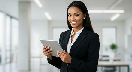 Professional woman using a digital tablet in a modern office setting. She is dressed in a business suit and smiling confidently.