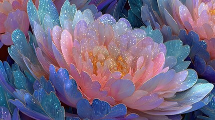   Close-up image of a colorful flower with water droplets on its petals and a yellow center