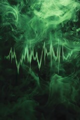 Pulse of the Emerald Spectrum: A mesmerizing fusion of science and art, a pulse wave dances across a backdrop of swirling green smoke, representing the unseen energy that permeates our world.
