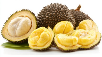Durian fruit cut open with soft rich yellow pulp inside isolated on white background macro detail tropical food stock
