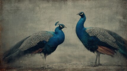 Two peafowl in a vintage style illustration.