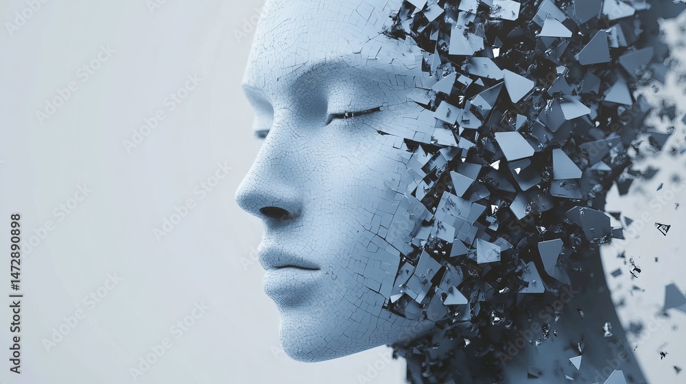 Poster abstract blue face disintegrating into fragments 3d render surreal art grey style image broken desig