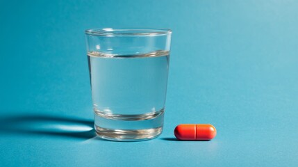 Pill and glass of water. Pharmaceutical background