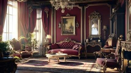 Obraz premium Luxurious Living Room: a stunning room in an elegant residence, bathed in natural light. It showcases a blend of classic furniture, including velvet couches and ornate detailing.