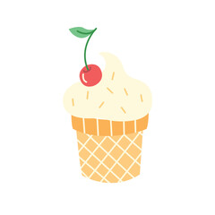 Cute hand drawn ice cream cone with cherry on top. Vector illustration in cartoon style for summer, kids, and dessert-themed designs.