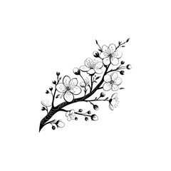 A black and white drawing of a branch with white flowers