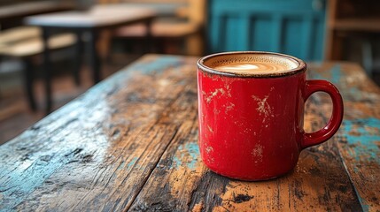 Red mug with latte art sits on a rustic wood table in a cozy cafe setting
