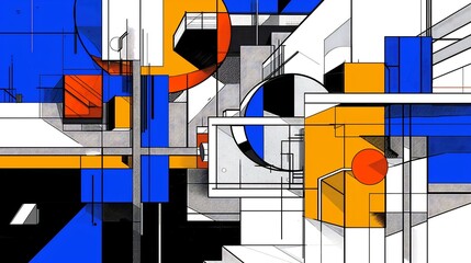 Dynamic graphic design architectural firm branding featuring abstract line bold geometric shape artwork incorporates vibrant color palette of electric blue bright orange crisp white creating visually