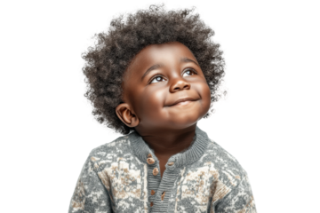 PNG Smiling african child in warm knit sweater looking upwards