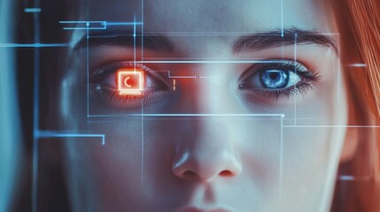 Futuristic woman eye scan digital interface technology abstract red blue data glow grid high iris
