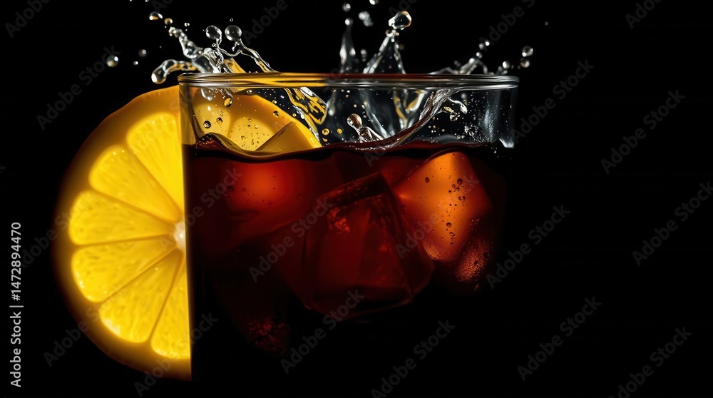 Poster refreshing drink with ice cubes and a bright citrus slice, splashing with elegance on a stark black 