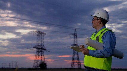 Construction engineer Power engineer in protective helmet checks power line using computer tablet....
