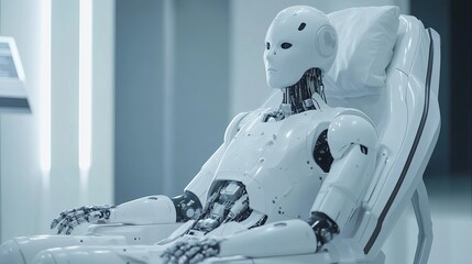 Advanced humanoid robot sitting in modern chair futuristic technology artificial intelligence white