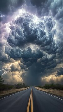 Explosive Supercell Thunderstorm with Lightning over Endless Highway Captured in Dramatic High-Resolution Landscape Photography