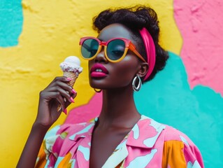 African Woman Holding Ice Cream Cone Against Colorful Painted Wall
