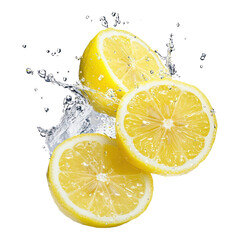 Three fresh lemon slices with splashing water droplets.