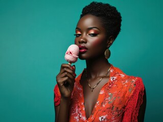 African woman with pink icecream against turquoise background