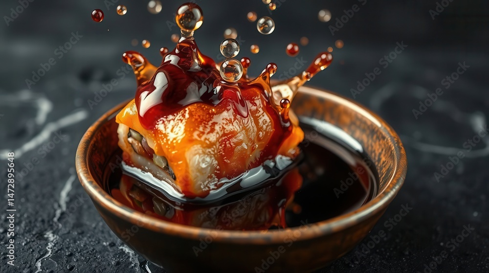 Poster sauce splashing onto food in a bowl, creating a dynamic and visually appealing culinary image.