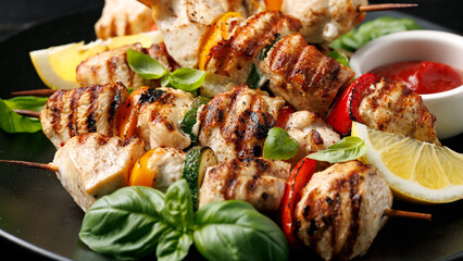 Chicken kebab skewers on a plate with vegetables. Mediterranean healthy food