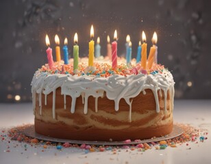 A richly frosted birthday cake, adorned with ten brightly burning candles and a generous scattering of sprinkles , colorful, candles, joy