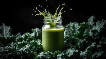 Green smoothie splashes in glass jar. Freshness & health in every drop. Isolated on a black backdrop.