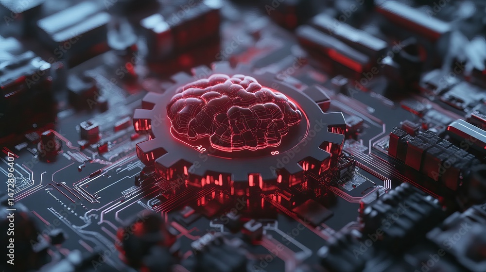 Aufkleber abstract red brain gear on circuit board technology image 3d cog data dark future system design