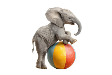 PNG Adorable elephant calf balancing on colorful striped ball