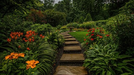 Tranquil garden path leading to a peaceful fountain vista
