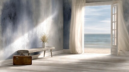   A room with a window and bench, facing an ocean view painting