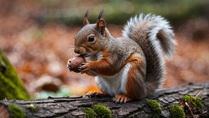 Fototapeta premium A squirrel holding a nut on a mossy log, bokeh background, macro style 