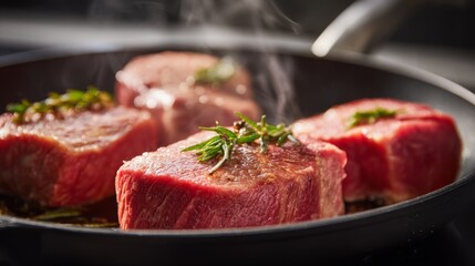 Beef cooking in pan