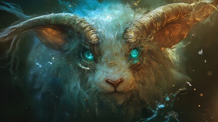 Goat Creature with Horns and Glowing Eyes Emerging from Mystical Dark Space